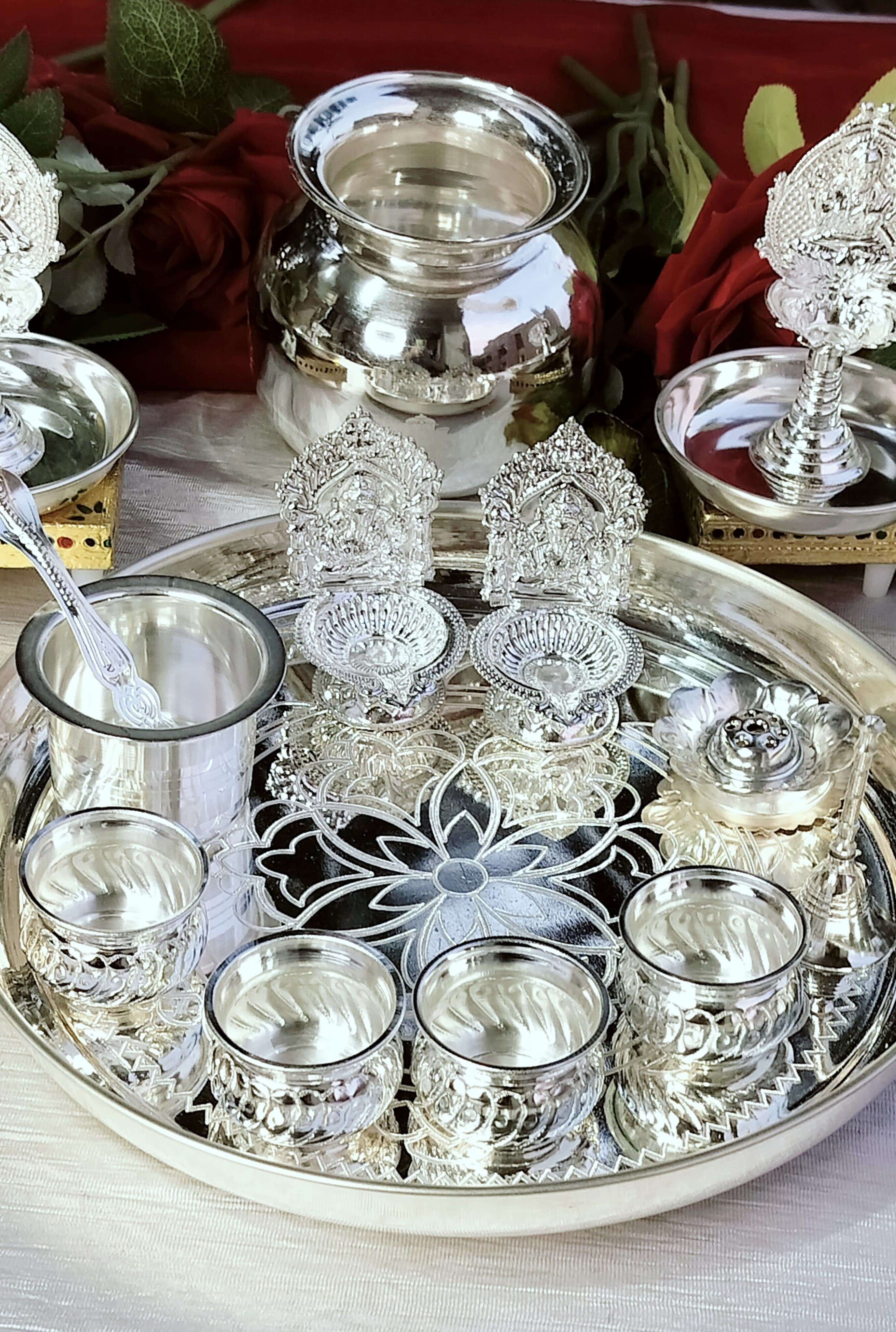German silver pooja thali set of 17 pieces for varalakshmi pooja/housewarming/diwali